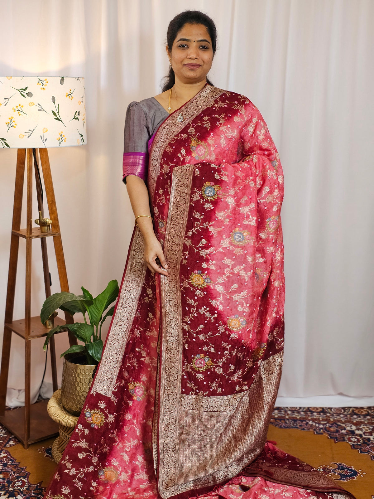 Jute Banarasi Bandhini Design Saree - Peachish Maroon