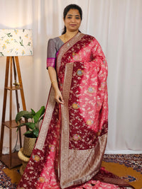 Jute Banarasi Bandhini Design Saree - Peachish Maroon