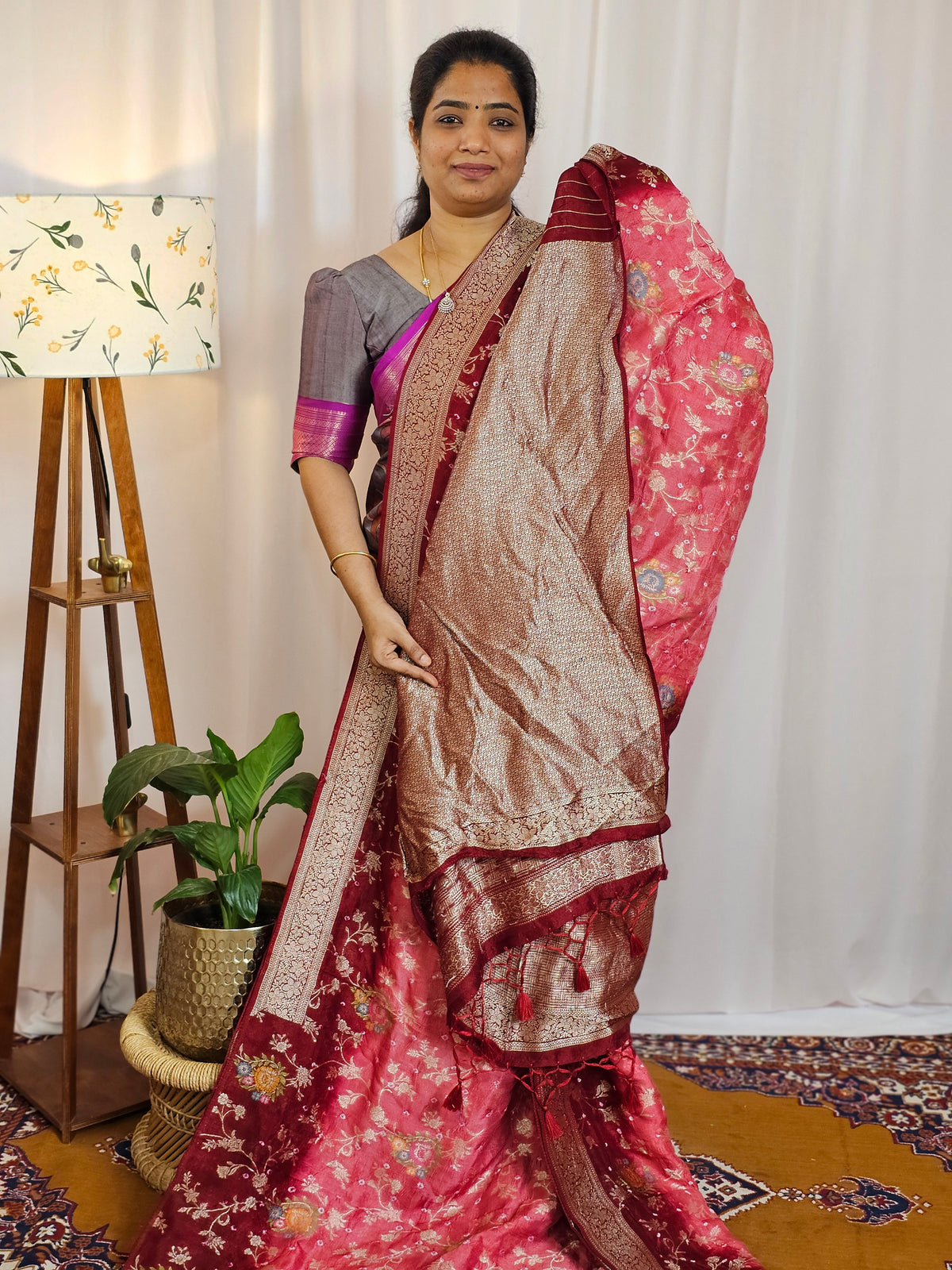 Jute Banarasi Bandhini Design Saree - Peachish Maroon