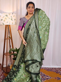 Jute Banarasi Bandhini Design Saree - Green with Dark Green