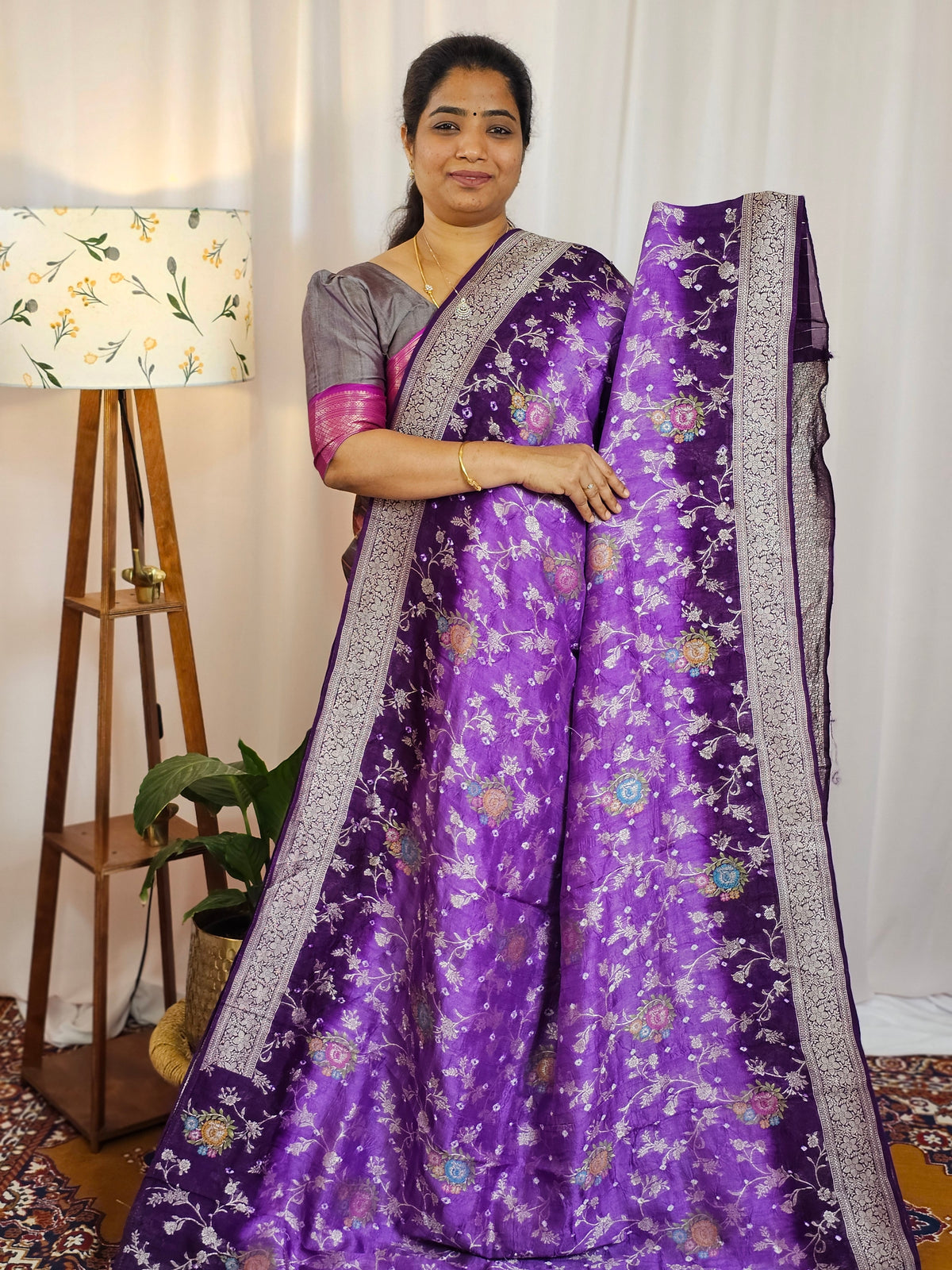 Jute Banarasi Bandhini Design Saree - Lavender with Purple