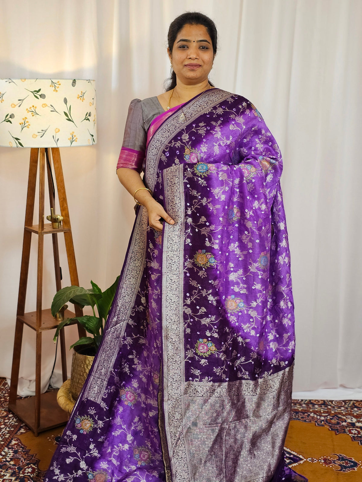 Jute Banarasi Bandhini Design Saree - Lavender with Purple