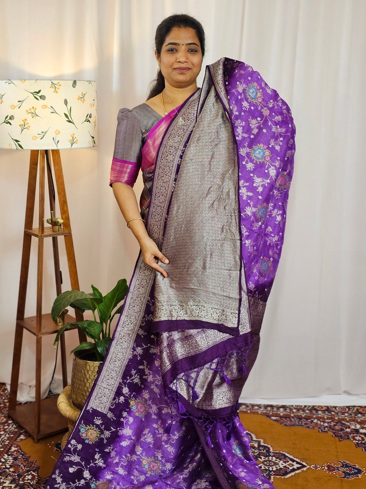 Jute Banarasi Bandhini Design Saree - Lavender with Purple