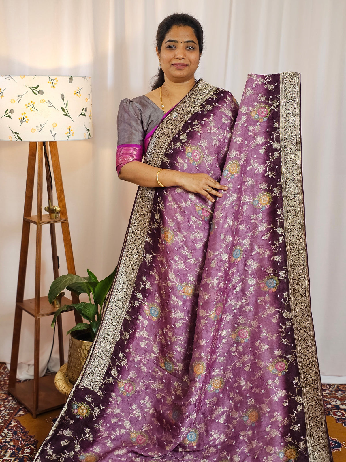 Jute Banarasi Bandhini Design Saree - Onion Pink with Dark Wine