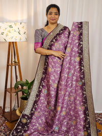 Jute Banarasi Bandhini Design Saree - Onion Pink with Dark Wine