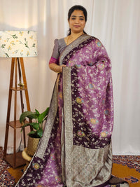 Jute Banarasi Bandhini Design Saree - Onion Pink with Dark Wine