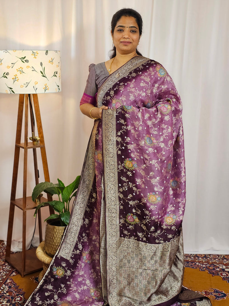 Jute Banarasi Bandhini Design Saree - Onion Pink with Dark Wine