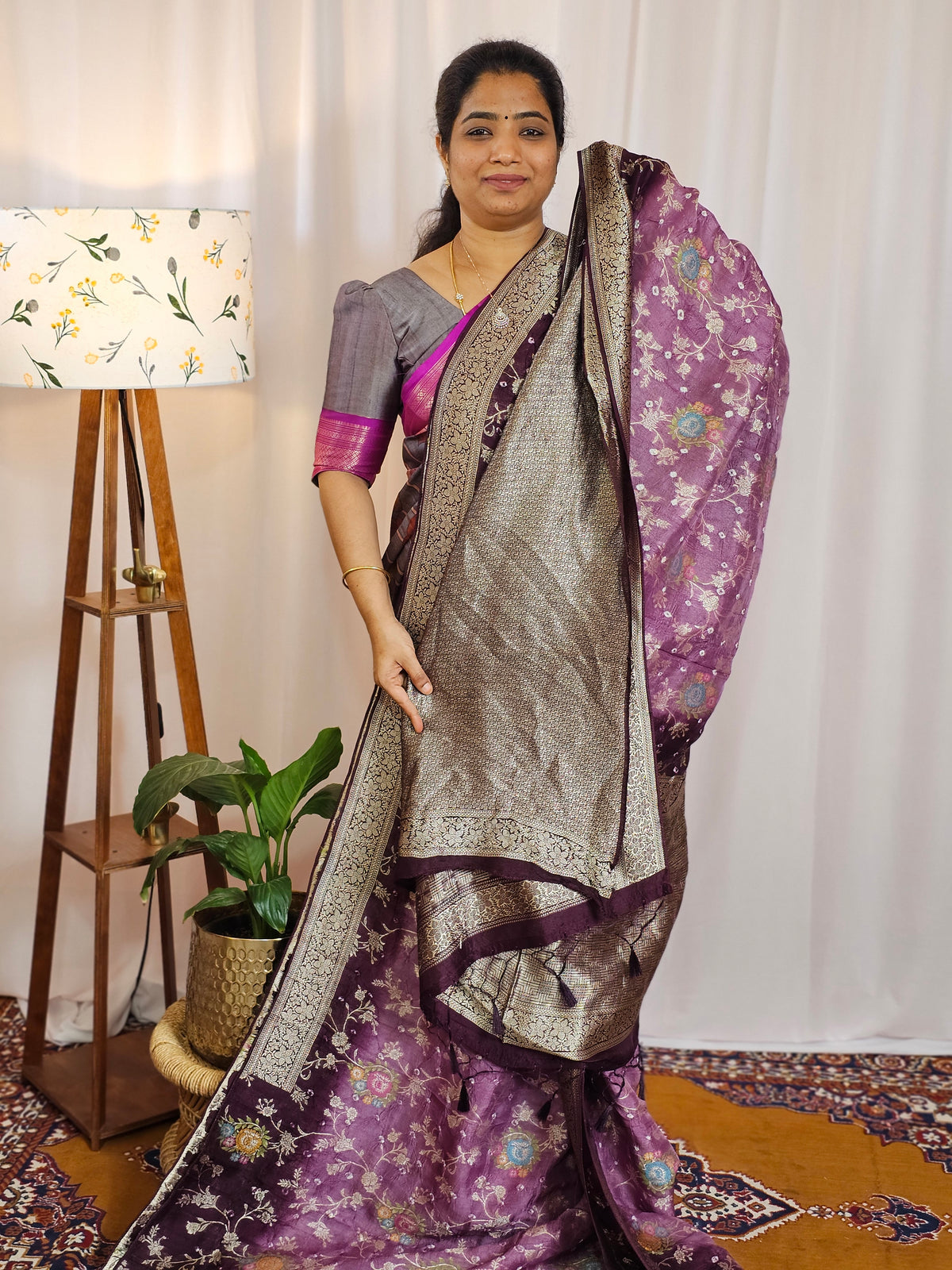 Jute Banarasi Bandhini Design Saree - Onion Pink with Dark Wine