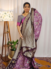 Jute Banarasi Bandhini Design Saree - Onion Pink with Dark Wine
