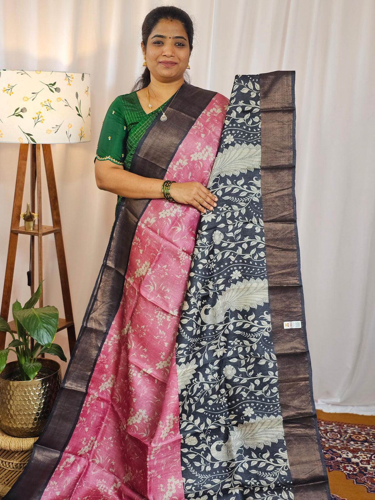 Pure Desi Tussar Silk  - Pink with Black