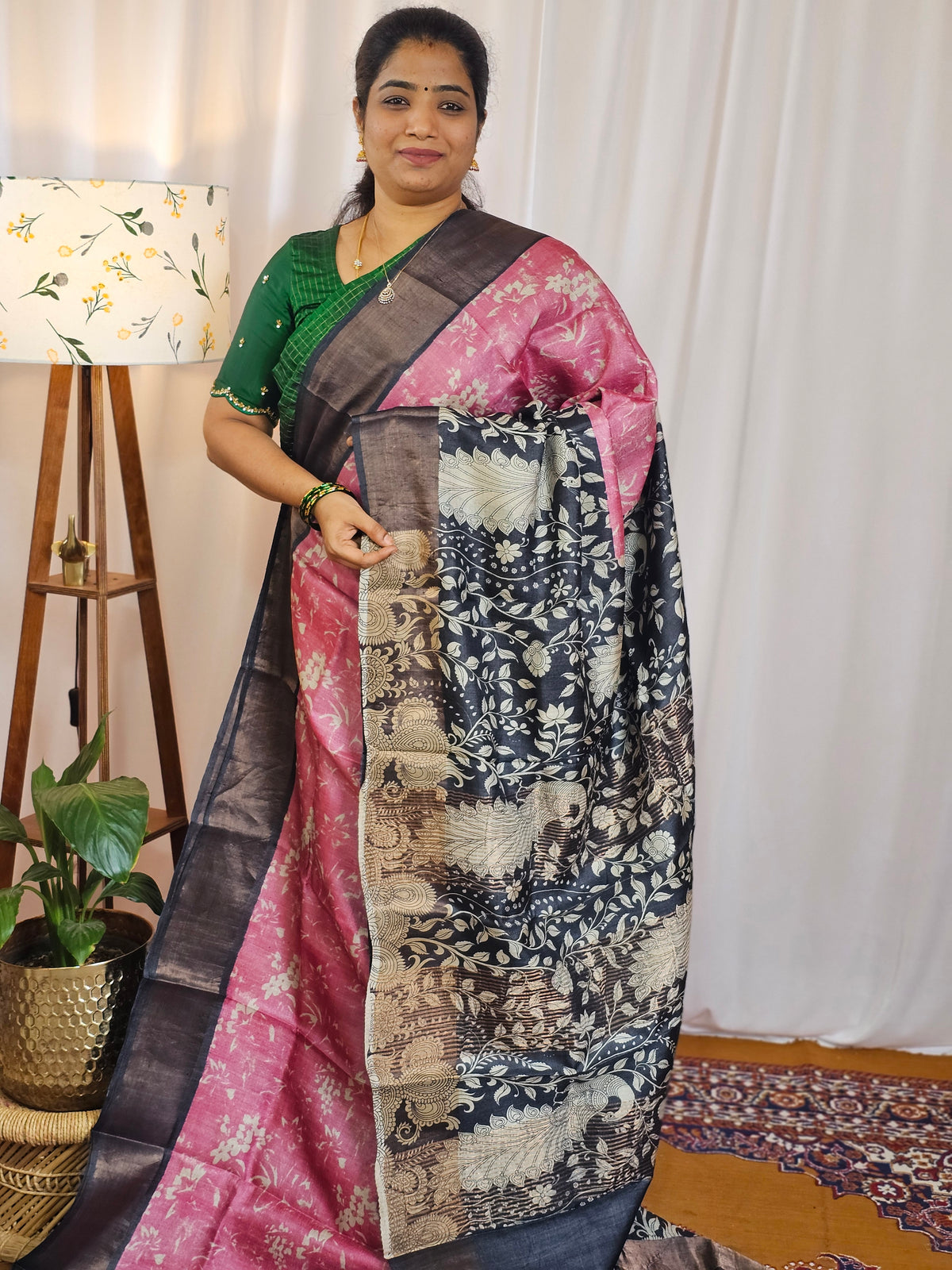 Pure Desi Tussar Silk  - Pink with Black