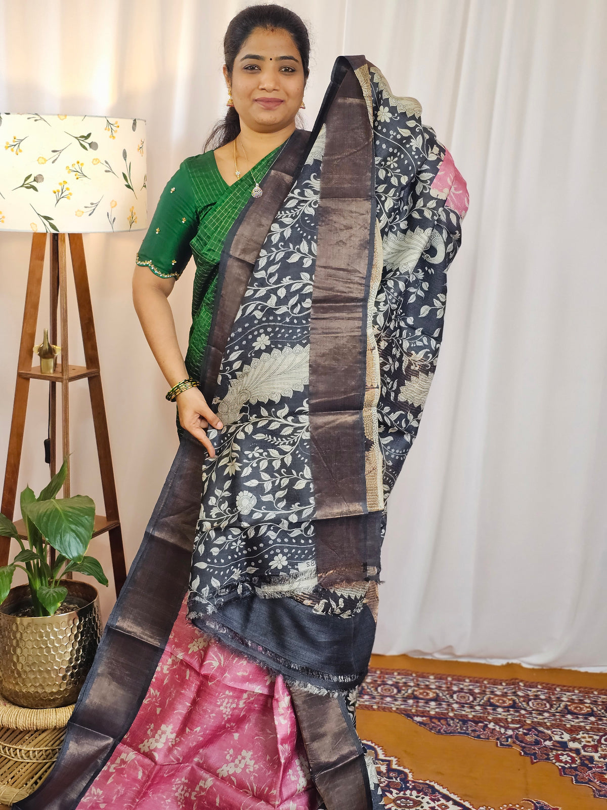 Pure Desi Tussar Silk  - Pink with Black
