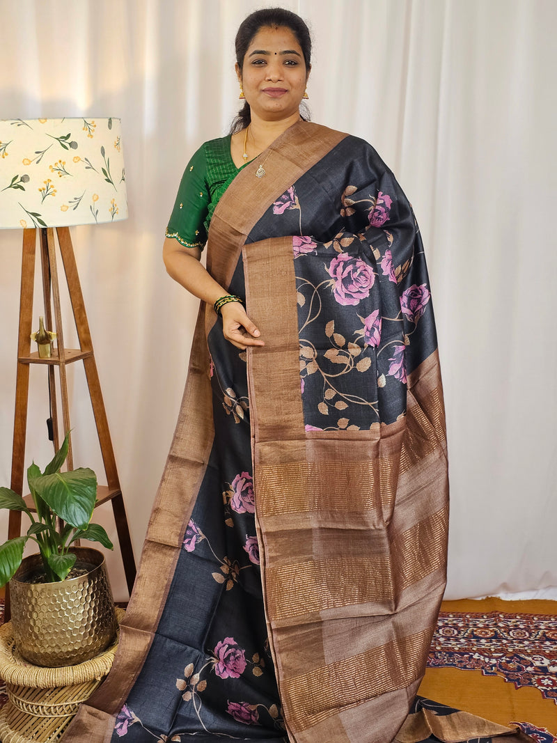 Pure Desi Tussar Silk  - Black with Brown