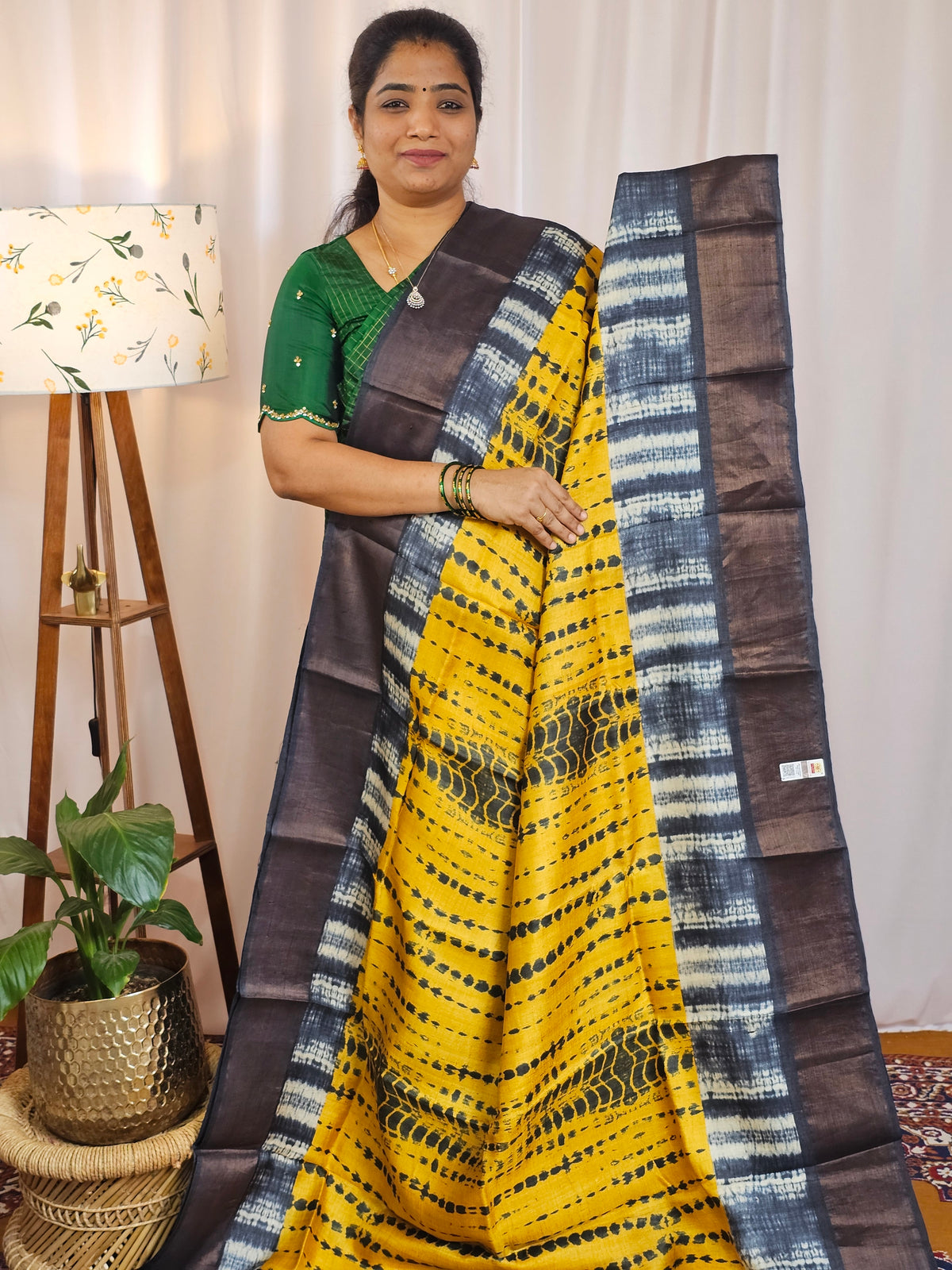 Pure Desi Tussar Silk  - Yellow with Black Shibori Prints