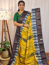Pure Desi Tussar Silk  - Yellow with Black Shibori Prints