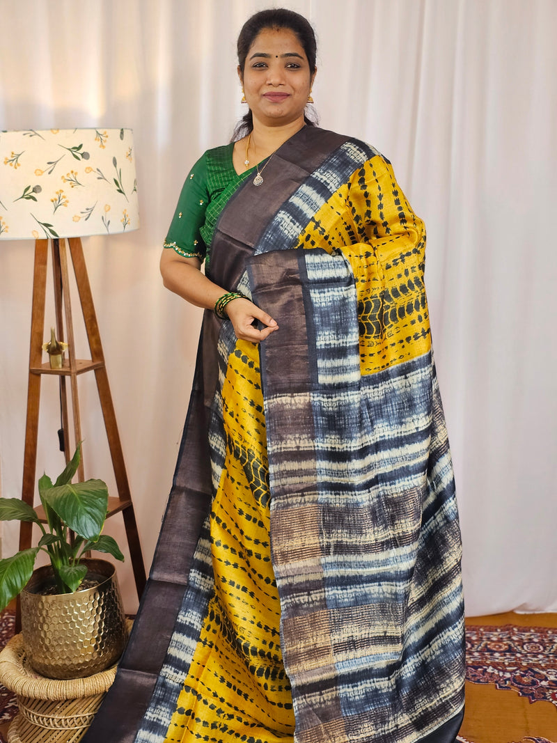Pure Desi Tussar Silk  - Yellow with Black Shibori Prints