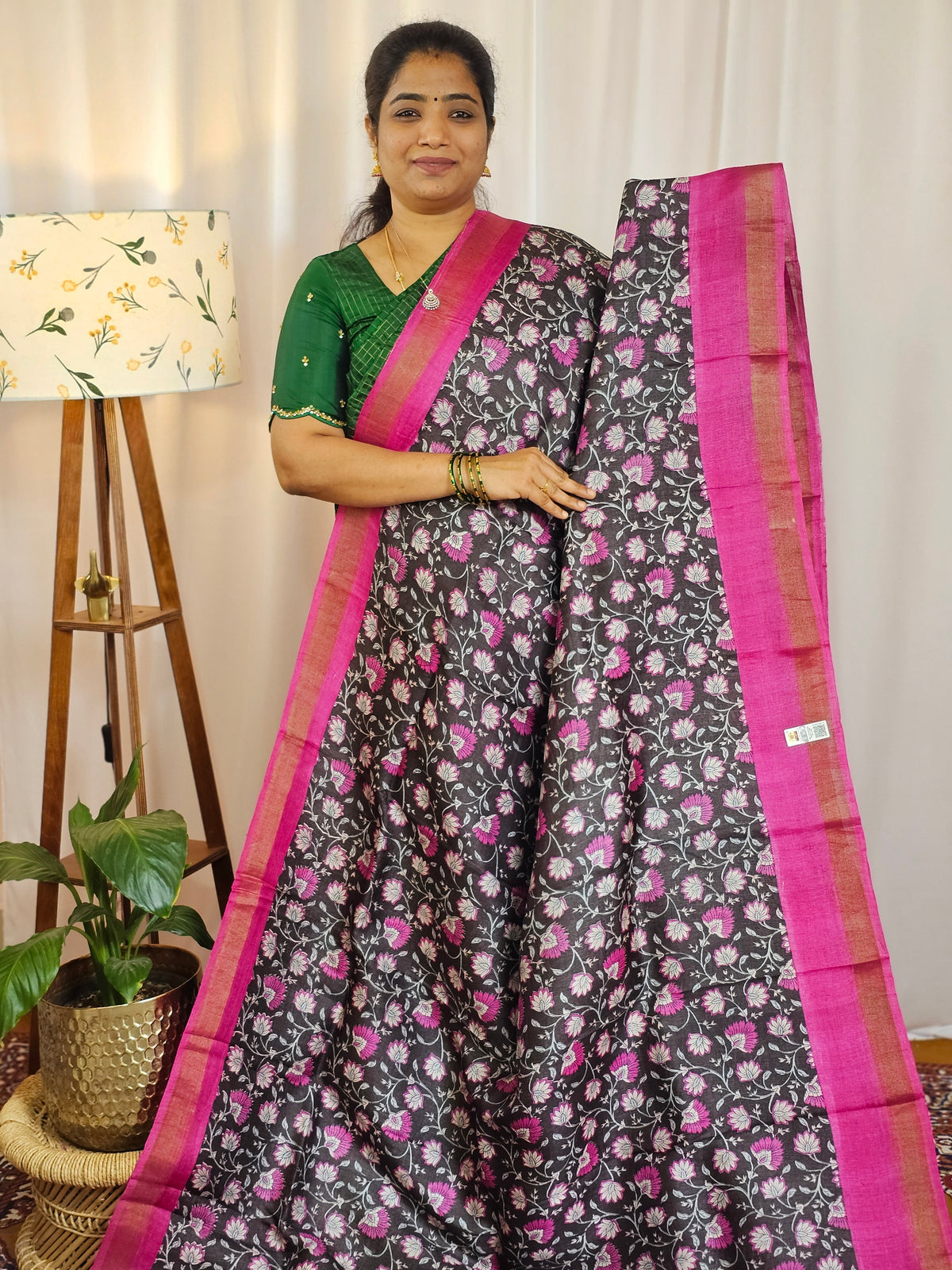 Pure Desi Tussar Silk  - Dark Brown with Pink