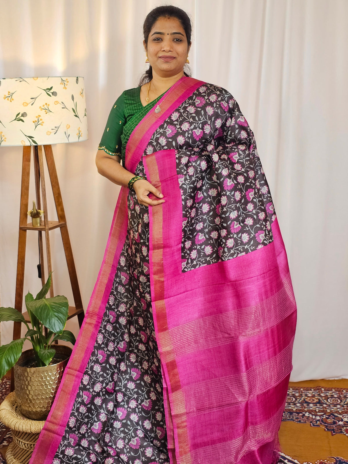 Pure Desi Tussar Silk  - Dark Brown with Pink