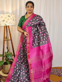 Pure Desi Tussar Silk  - Dark Brown with Pink