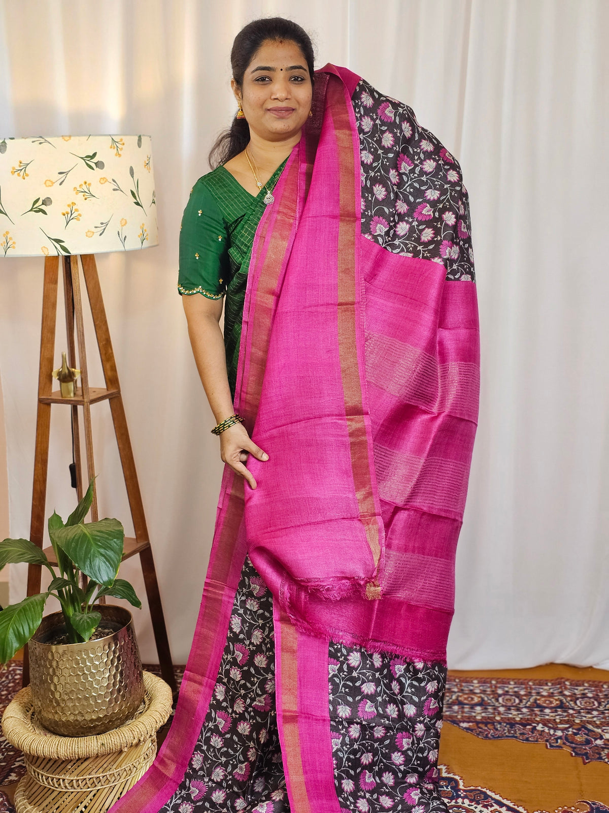Pure Desi Tussar Silk  - Dark Brown with Pink