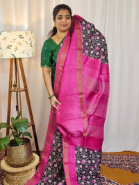 Pure Desi Tussar Silk  - Dark Brown with Pink