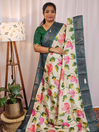 Pure Desi Tussar Silk  - Cream with Peacock Green