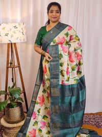 Pure Desi Tussar Silk  - Cream with Peacock Green