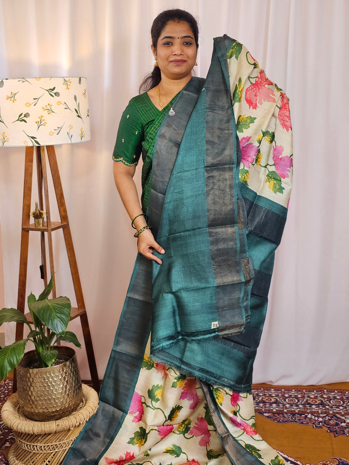 Pure Desi Tussar Silk  - Cream with Peacock Green