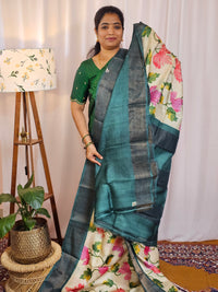Pure Desi Tussar Silk  - Cream with Peacock Green