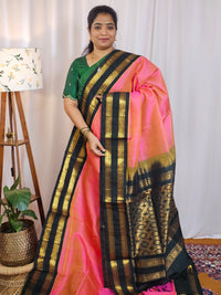 Peachesh Pink with Bottle Green Handloom Kanchi Silk Cotton