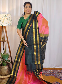 Peachesh Pink with Bottle Green Handloom Kanchi Silk Cotton
