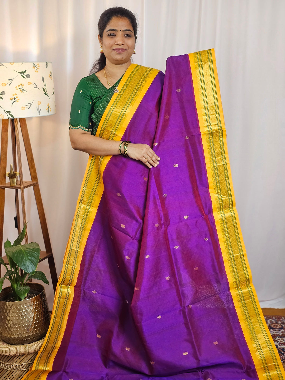 Purple with Yellow Handloom Kanchi Silk Cotton