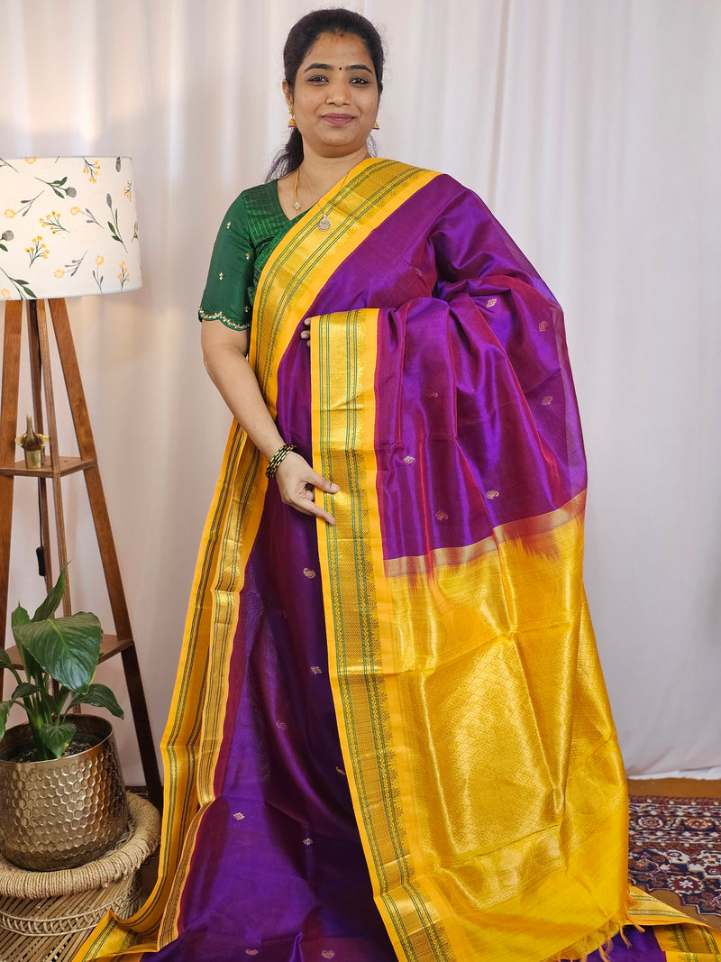 Purple with Yellow Handloom Kanchi Silk Cotton