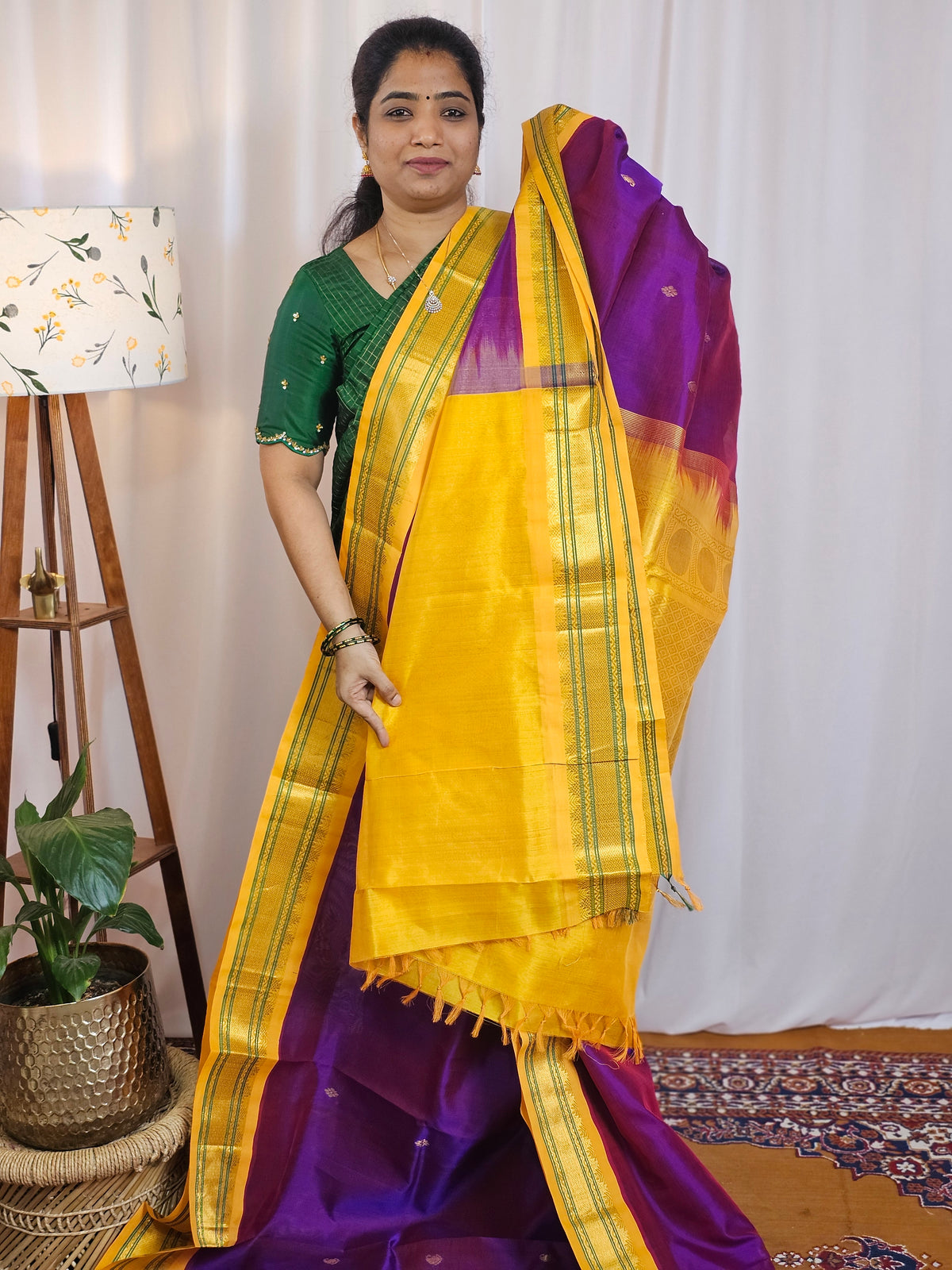 Purple with Yellow Handloom Kanchi Silk Cotton