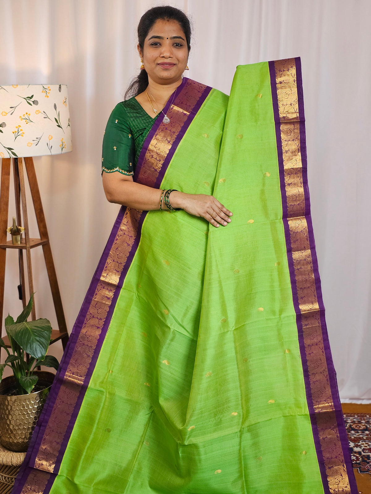 Parrot Green with Purple  Handloom Kanchi Silk Cotton
