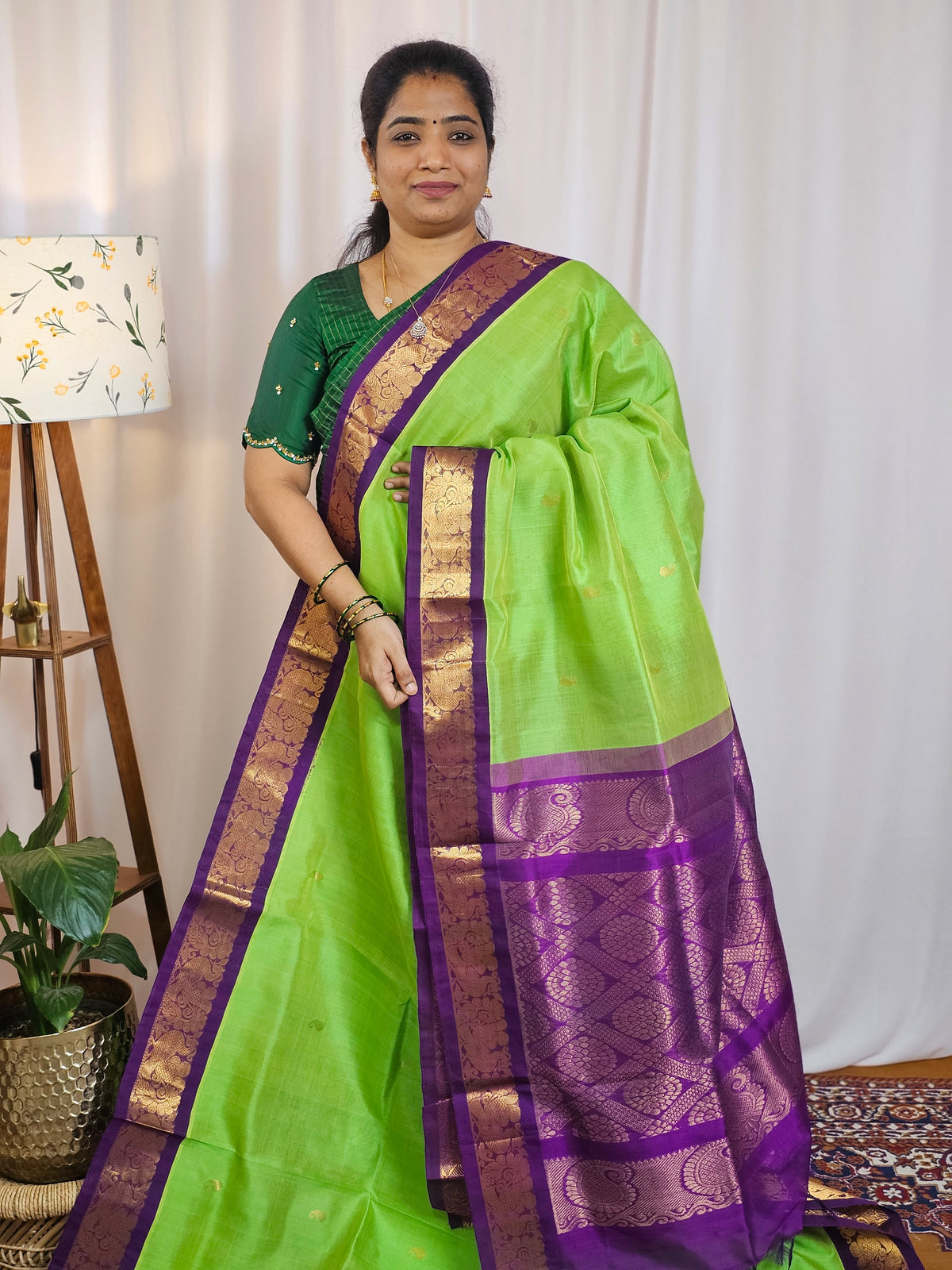 Parrot Green with Purple  Handloom Kanchi Silk Cotton