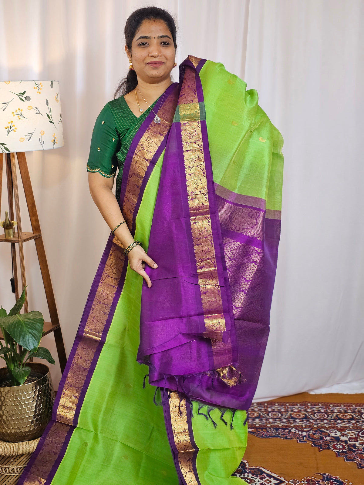 Parrot Green with Purple  Handloom Kanchi Silk Cotton