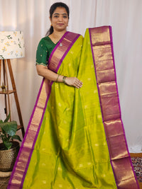 Dual Shade Lime Green with Purple Pallu Korvai Border Handloom Kanchi Silk Cotton