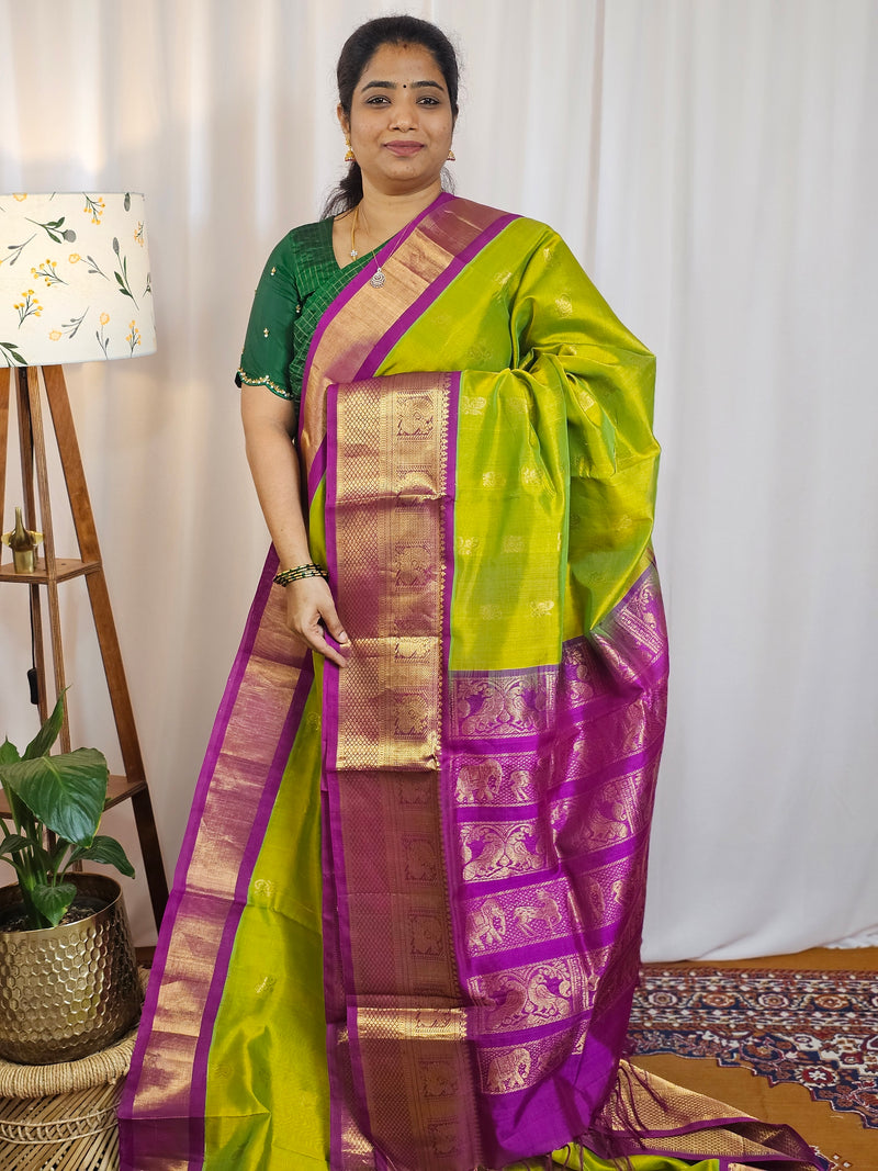 Dual Shade Lime Green with Purple Pallu Korvai Border Handloom Kanchi Silk Cotton