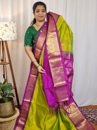 Dual Shade Lime Green with Purple Pallu Korvai Border Handloom Kanchi Silk Cotton