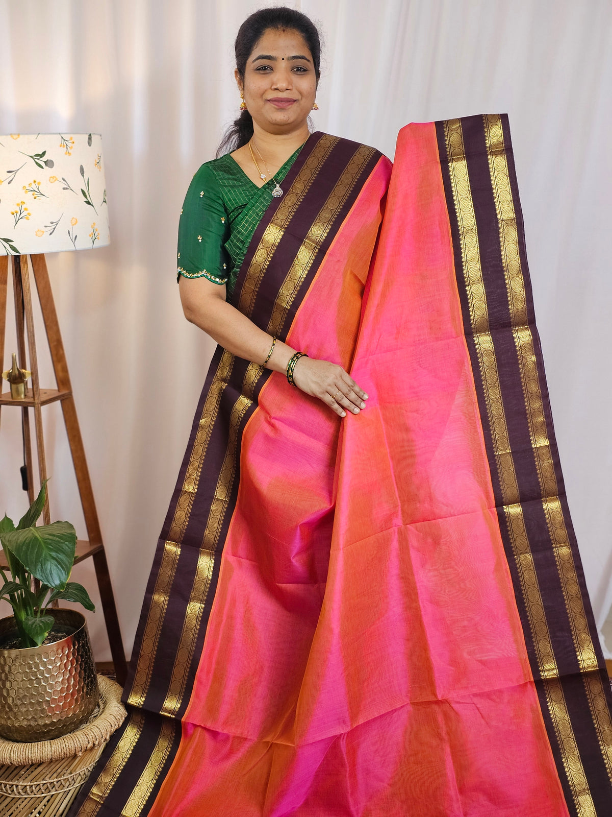Peachesh Pink with Brown Handloom Kanchi Silk Cotton