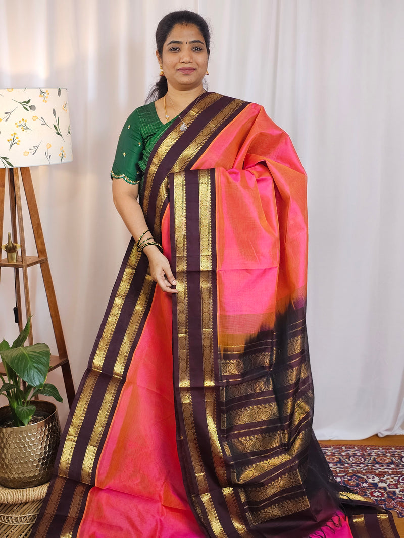 Peachesh Pink with Brown Handloom Kanchi Silk Cotton
