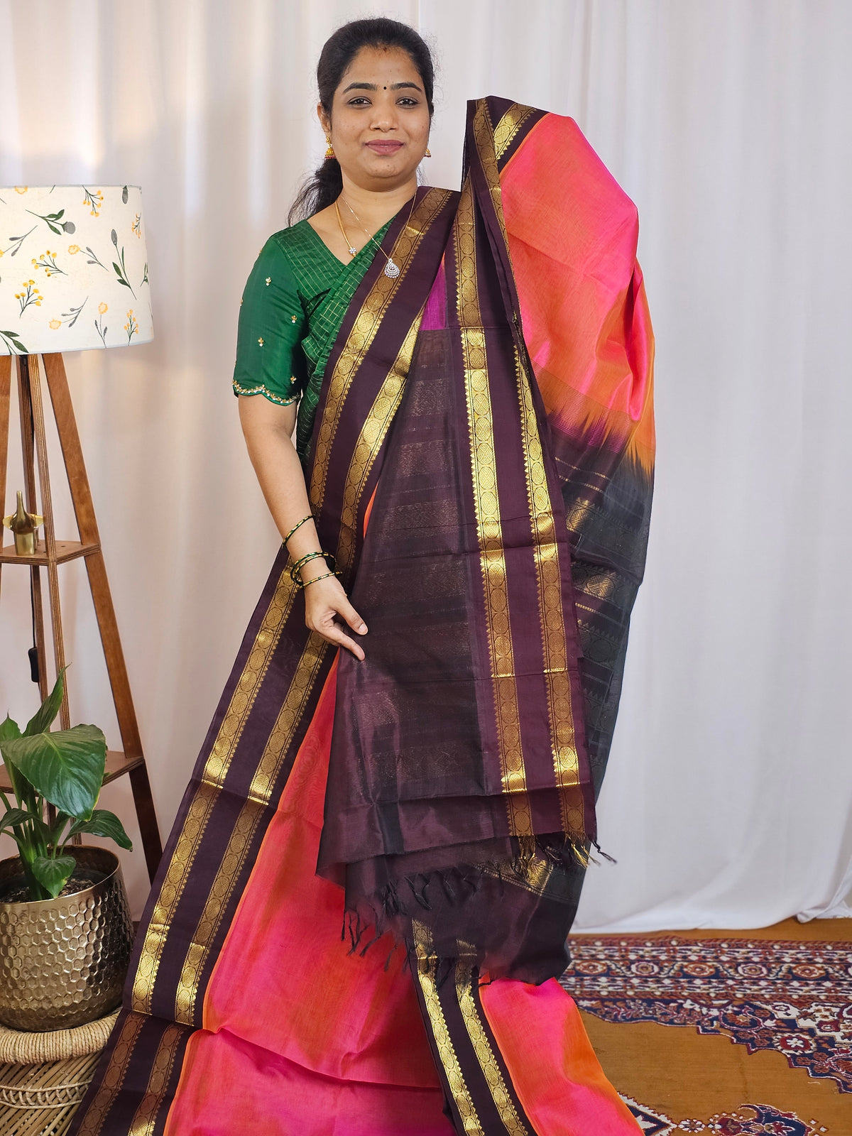 Peachesh Pink with Brown Handloom Kanchi Silk Cotton