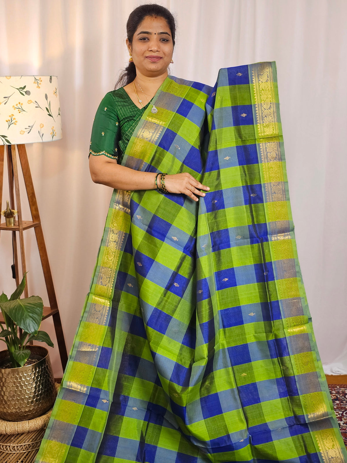 Parrot Green with Blue Checks Handloom Kanchi Silk Cotton