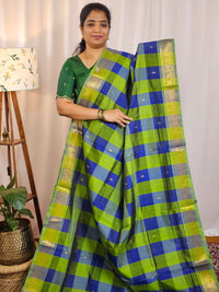 Parrot Green with Blue Checks Handloom Kanchi Silk Cotton
