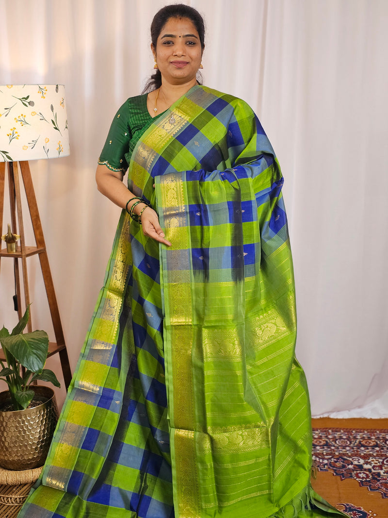 Parrot Green with Blue Checks Handloom Kanchi Silk Cotton