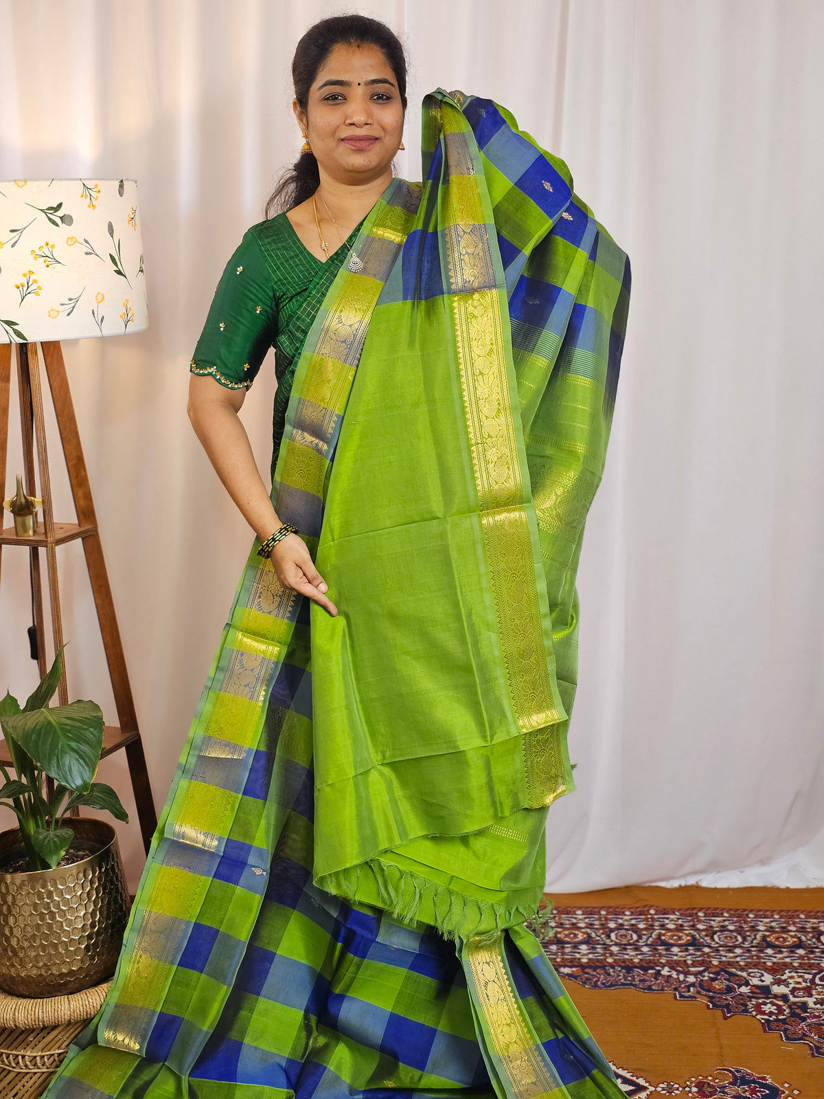 Parrot Green with Blue Checks Handloom Kanchi Silk Cotton