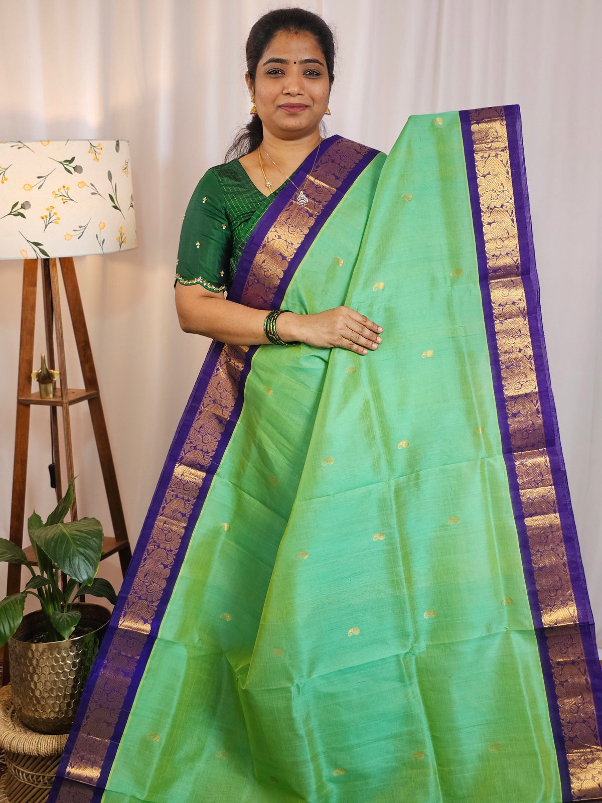 Sea Geeen with Violet Handloom Kanchi Silk Cotton