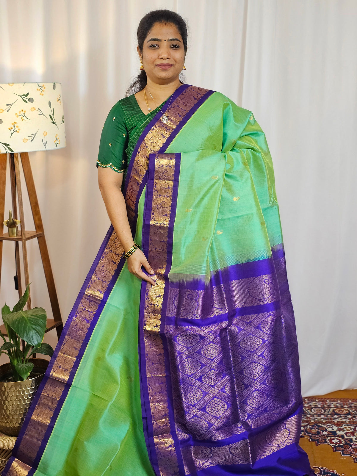 Sea Geeen with Violet Handloom Kanchi Silk Cotton