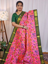 Deep Pink with Bottle Green Handloom Korvai Kalamkari Printed Kanchi Silk Cotton